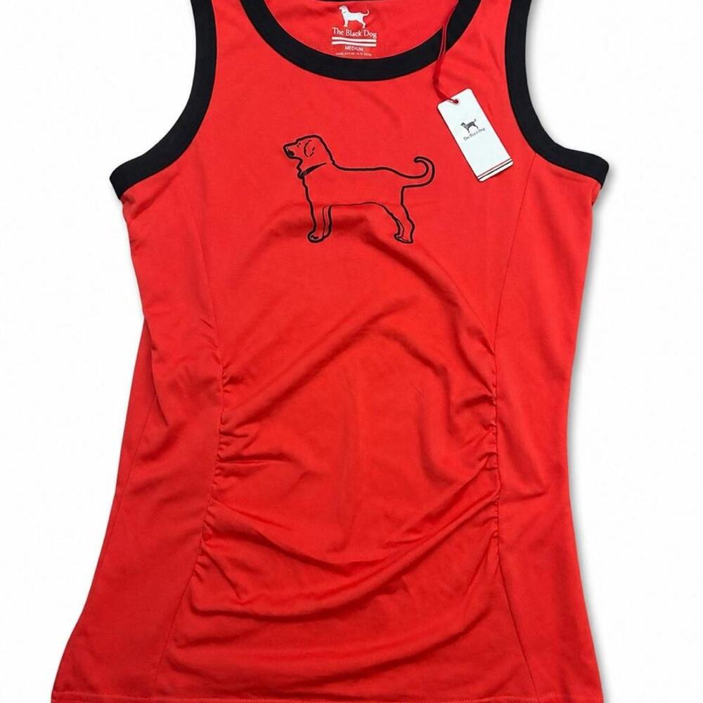 The Black Dog red tank top with black dog outline